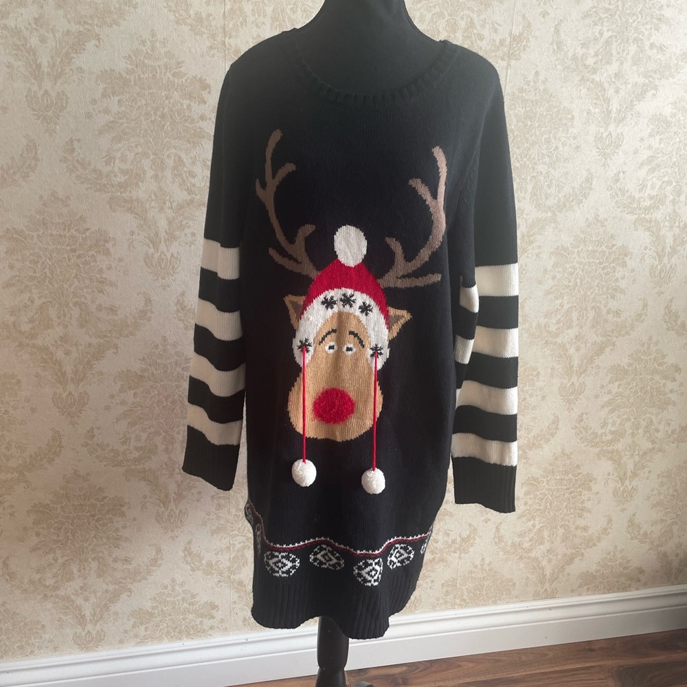 Ashley Stewart Black Sweater with Reindeer Design